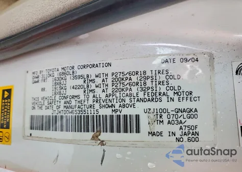 2005 Lexus Lx 470 Base z USA, uszkodzony, nr VIN JTJHT00W653551115